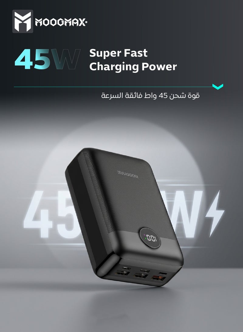 MOOGMAX power bank 30000mah Super Small Pocket small like a card. 30000mAh powerbank with 45W charging power distributed across the ports. power bank fast charging with six charging ports (Type C charger, 1*Lightning, 3*USB charger, &1*Micro). Portable charger can be carried on flights. Charging battery with a digital display. Charger iPhone, Samsung, Honor, & even charges a laptop and other supported devices. In black from Moogmax. - Image 2