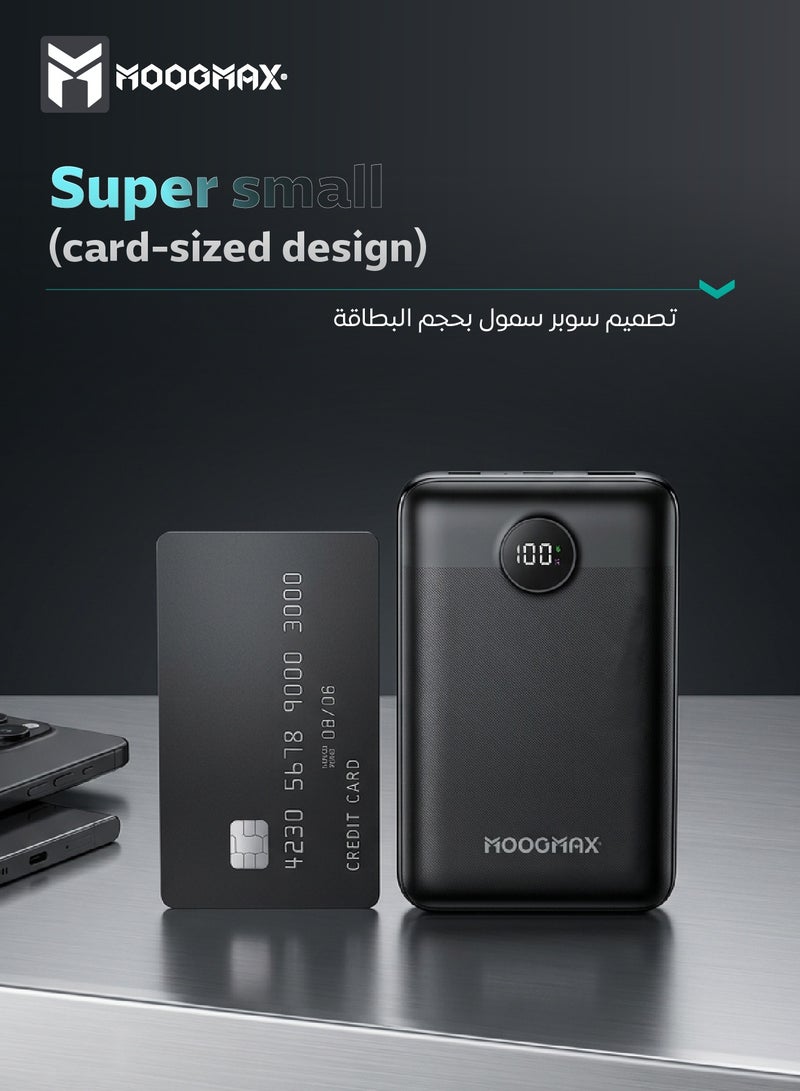 MOOGMAX power bank 30000mah Super Small Pocket small like a card. 30000mAh powerbank with 45W charging power distributed across the ports. power bank fast charging with six charging ports (Type C charger, 1*Lightning, 3*USB charger, &1*Micro). Portable charger can be carried on flights. Charging battery with a digital display. Charger iPhone, Samsung, Honor, & even charges a laptop and other supported devices. In black from Moogmax. - Image 3