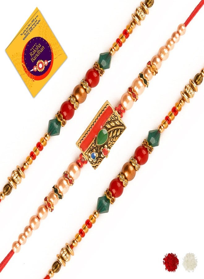 Rakhi For Brother - MultiStone Rakhi ( Combo Set of 3) with Roli Chawal and Rakhi Greeting Card - Image 1
