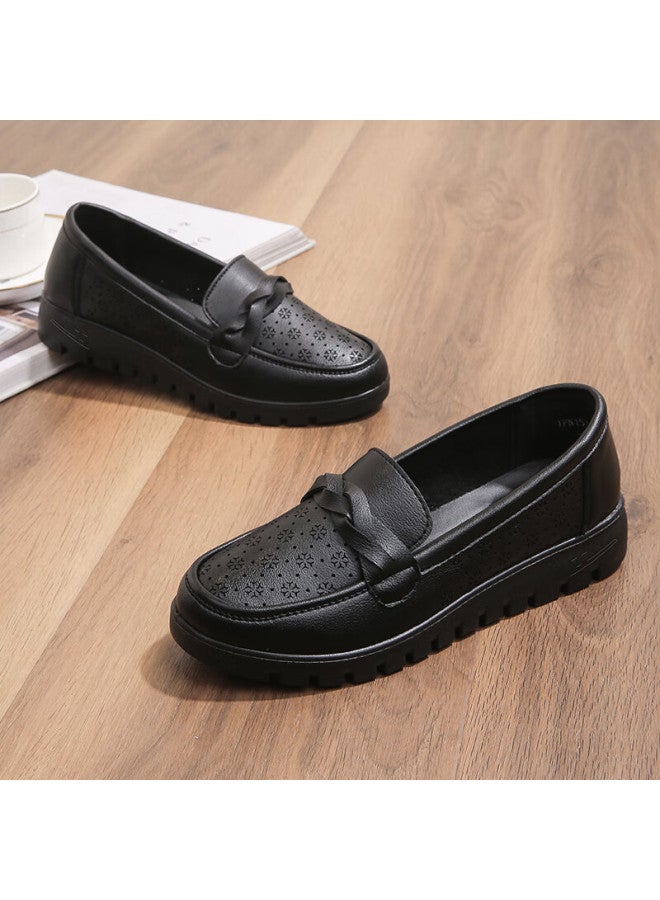 Pull Back Warrior Mom Shoes Middle-aged Sandals Summer Soft Bottom Breathable Middle-aged And Elderly Women's Leather Shoes Single Shoes Comfortable Non-slip 0093 Black Size 37 - Image 2