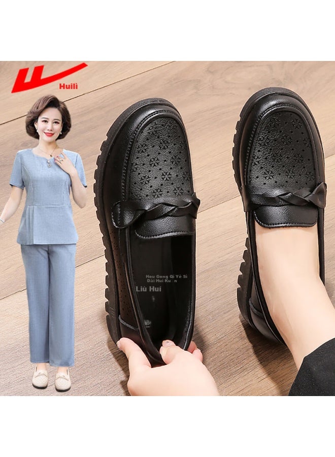 Pull Back Warrior Mom Shoes Middle-aged Sandals Summer Soft Bottom Breathable Middle-aged And Elderly Women's Leather Shoes Single Shoes Comfortable Non-slip 0093 Black Size 37 - Image 1