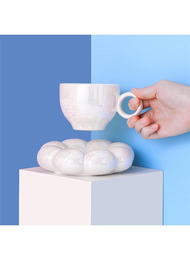 Arabest Flower Coffee Mug,Cloud Ceramic Coffee Mug and Saucer,Cute Cup with Spoon,Kawaii Tea Cup with Sunflower Dish,200ml Latte Cups for Girls, Pearl White - Image 1