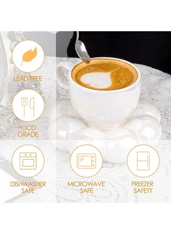 Arabest Flower Coffee Mug,Cloud Ceramic Coffee Mug and Saucer,Cute Cup with Spoon,Kawaii Tea Cup with Sunflower Dish,200ml Latte Cups for Girls, Pearl White - Image 3