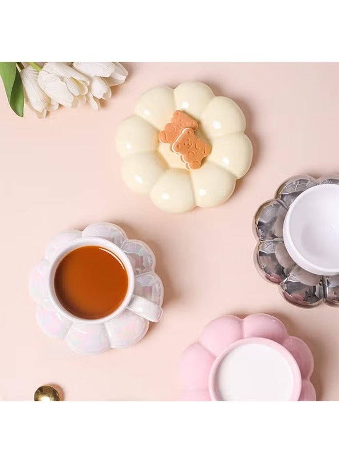 Arabest Flower Coffee Mug,Cloud Ceramic Coffee Mug and Saucer,Cute Cup with Spoon,Kawaii Tea Cup with Sunflower Dish,200ml Latte Cups for Girls, Pearl White - Image 5