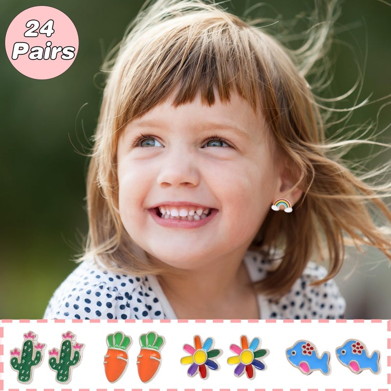 Asivsa 24 Pairs Hypoallergenic Stud Earrings for Girls Kids Cute Stainless Steel Earrings Fun Mushroom Butterfly Flower Rainbow Frog Earrings Set Jewelry for Little Girls Women - Image 3