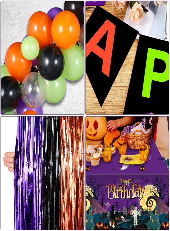 FunnyPars Halloween Birthday Party Decorations, 102 Pcs Halloween Happy Birthday Banner, Confetti Pumpkin Cat Bat Balloon Arch Foil Fringe Curtain and Tablecloth for Kids Party Supplies - Image 3