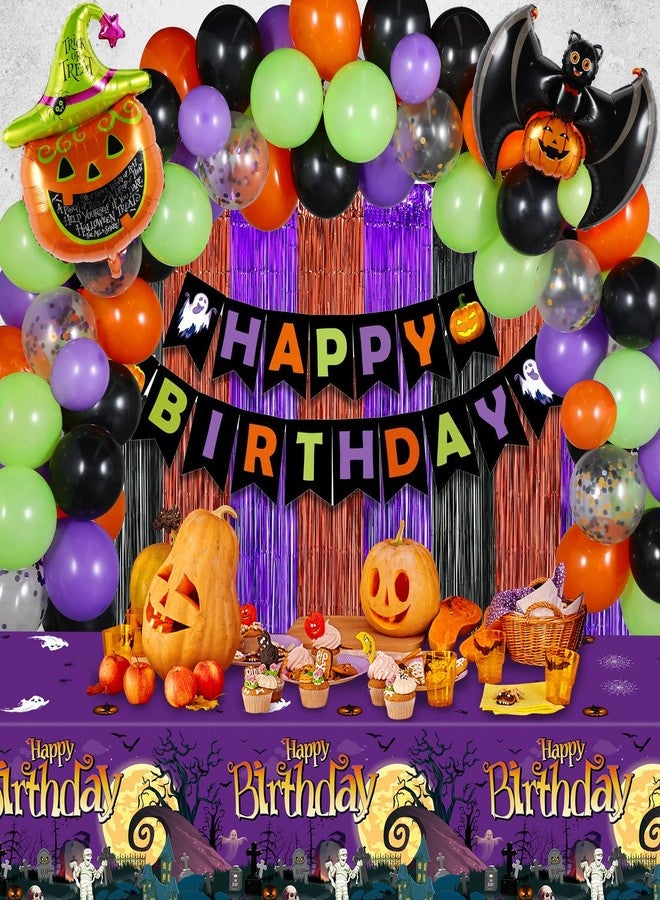 FunnyPars Halloween Birthday Party Decorations, 102 Pcs Halloween Happy Birthday Banner, Confetti Pumpkin Cat Bat Balloon Arch Foil Fringe Curtain and Tablecloth for Kids Party Supplies - Image 1