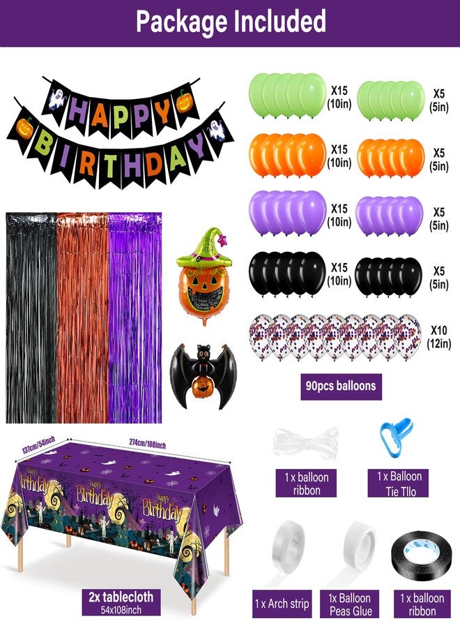 FunnyPars Halloween Birthday Party Decorations, 102 Pcs Halloween Happy Birthday Banner, Confetti Pumpkin Cat Bat Balloon Arch Foil Fringe Curtain and Tablecloth for Kids Party Supplies - Image 2