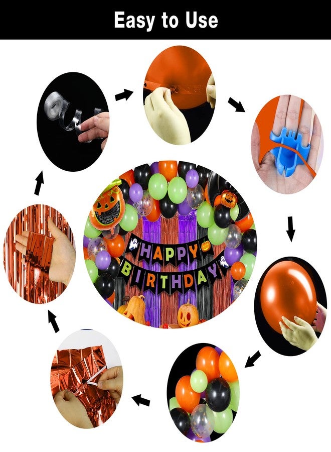 FunnyPars Halloween Birthday Party Decorations, 102 Pcs Halloween Happy Birthday Banner, Confetti Pumpkin Cat Bat Balloon Arch Foil Fringe Curtain and Tablecloth for Kids Party Supplies - Image 4