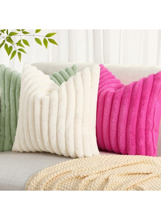 decorUhome أغطية وسائد رمي مزيفة من ديكور يو هوم بفرو صناعي 18x18 مجموعة من 2، أغطية وسائد مخملية ناعمة مزخرفة مخططة للكنبة، السرير، غرفة المعيشة، بيج أبيض - Image 4