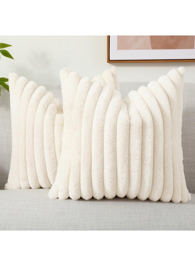 decorUhome أغطية وسائد رمي مزيفة من ديكور يو هوم بفرو صناعي 18x18 مجموعة من 2، أغطية وسائد مخملية ناعمة مزخرفة مخططة للكنبة، السرير، غرفة المعيشة، بيج أبيض - Image 1