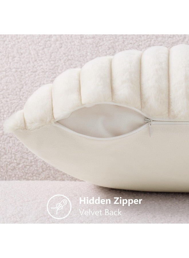 decorUhome أغطية وسائد رمي مزيفة من ديكور يو هوم بفرو صناعي 18x18 مجموعة من 2، أغطية وسائد مخملية ناعمة مزخرفة مخططة للكنبة، السرير، غرفة المعيشة، بيج أبيض - Image 3