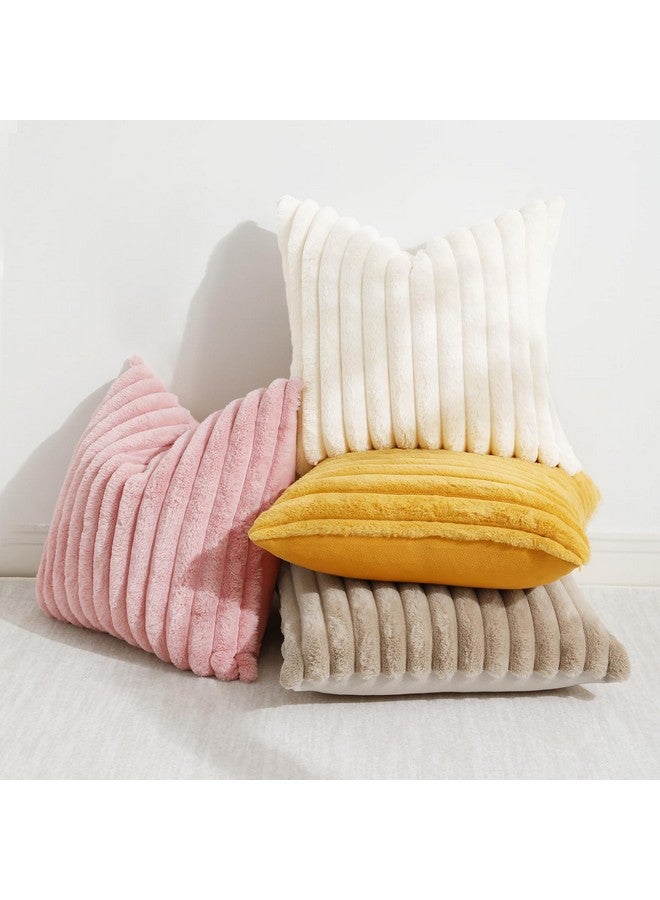 decorUhome أغطية وسائد رمي مزيفة من ديكور يو هوم بفرو صناعي 18x18 مجموعة من 2، أغطية وسائد مخملية ناعمة مزخرفة مخططة للكنبة، السرير، غرفة المعيشة، بيج أبيض - Image 5