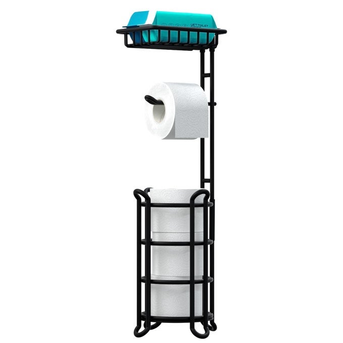 TOILET PAPER HOLDER STAND TISSUE PAPER ROLL DISPENSER WITH SHELF FOR BATHROOM STORAGE HOLDS RESERVE MEGA ROLLSMATTE BLACK
