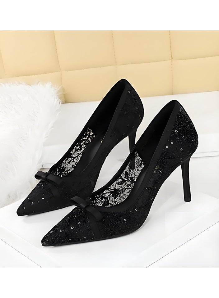 BIGTREE Women's Bowknot Lace Mesh Stiletto Pumps Closed Pointed Toe High Heels Shoes Black 9.5CM - Image 1