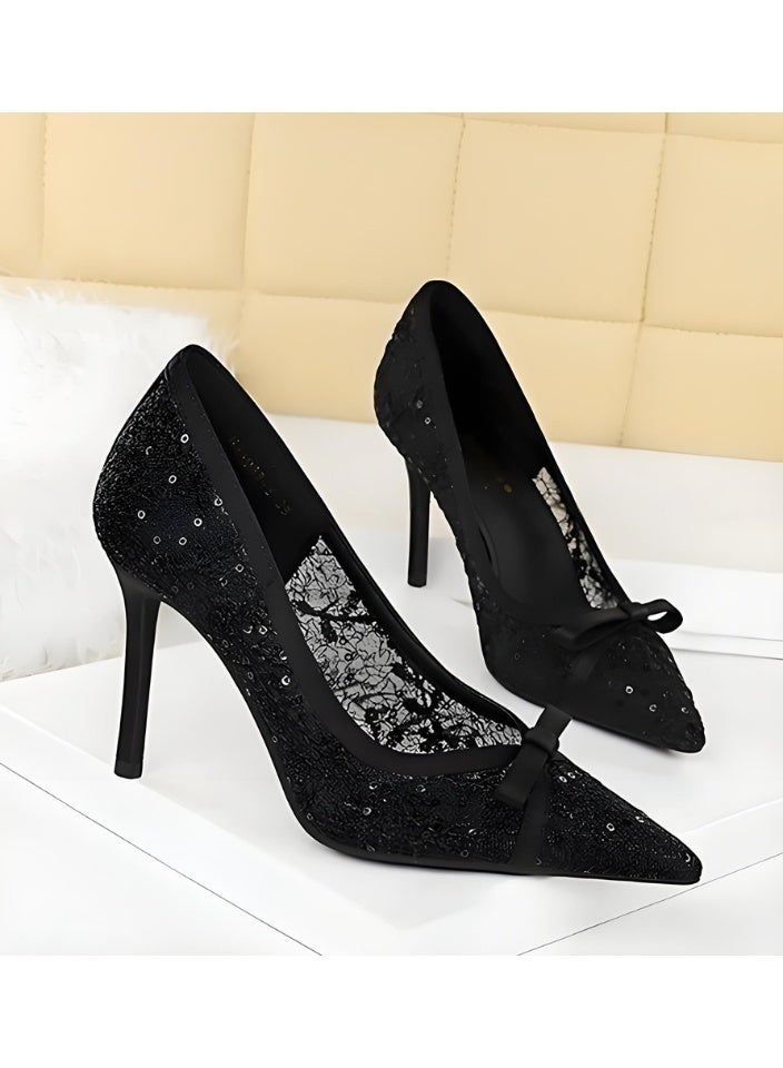 BIGTREE Women's Bowknot Lace Mesh Stiletto Pumps Closed Pointed Toe High Heels Shoes Black 9.5CM - Image 2