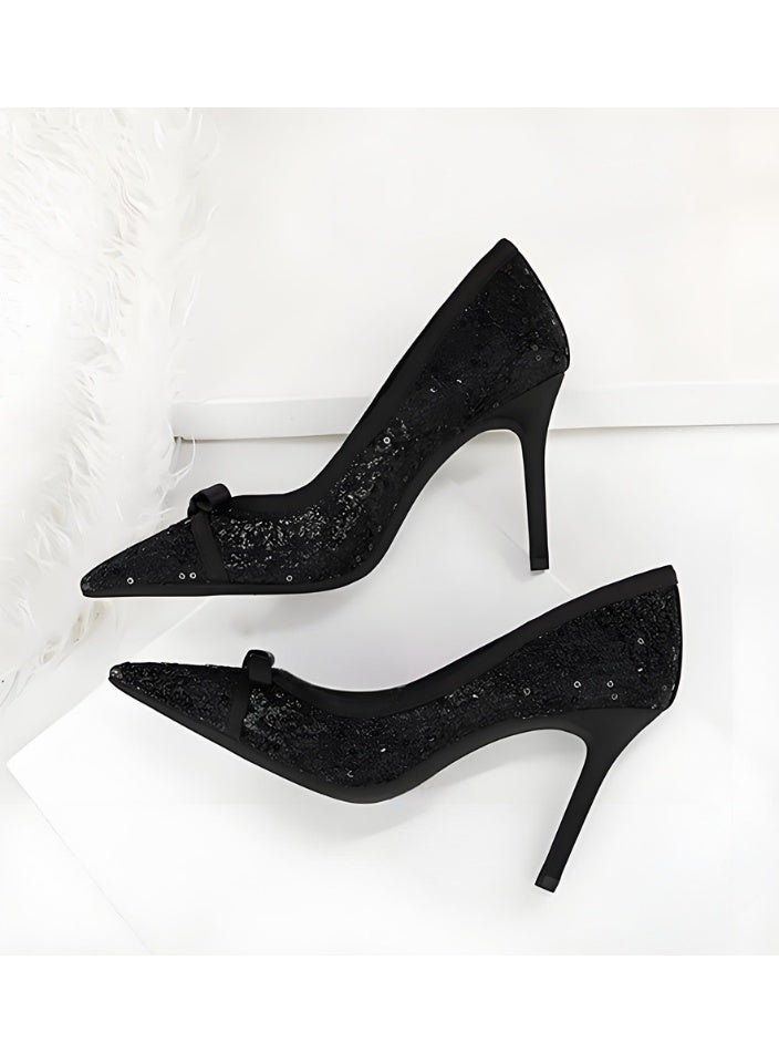 BIGTREE Women's Bowknot Lace Mesh Stiletto Pumps Closed Pointed Toe High Heels Shoes Black 9.5CM - Image 3