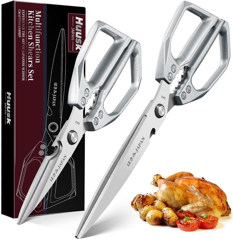 Huusk Kitchen Scissors Set Silver - Upgraded Stainless Steel Kitchen Shear, Sharp Meat Scissors Dishwasher Safe, Heavy Duty Poultry Shears, Japanese Cooking Scissor for Food, Christmas Gifts for Women - Image 1