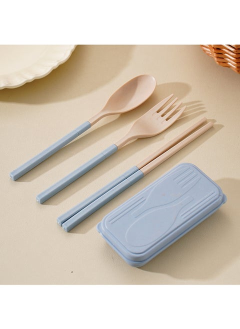 Portable Stainless Steel Wheat Straw Four-piece Cutlery Set Student Chopsticks Spoon Fork Box Set Meal Time Essentials-Specifications:Blue Folding Fork, Spoon And Chopsticks + Box
