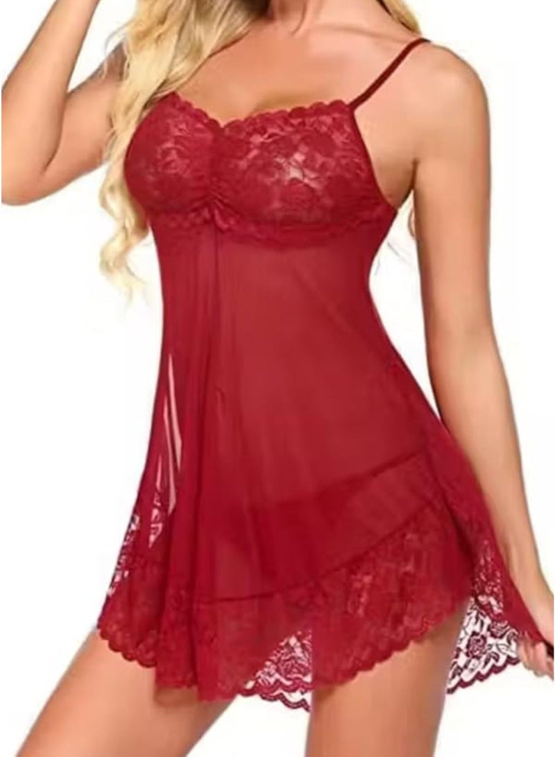 Lace Babydoll Lingerie Set with Panty – Sheer Mesh Chemise Strappy Nightwear for Women – Wine Red - Image 1