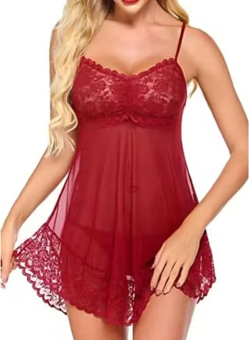 Lace Babydoll Lingerie Set with Panty – Sheer Mesh Chemise Strappy Nightwear for Women – Wine Red - Image 5