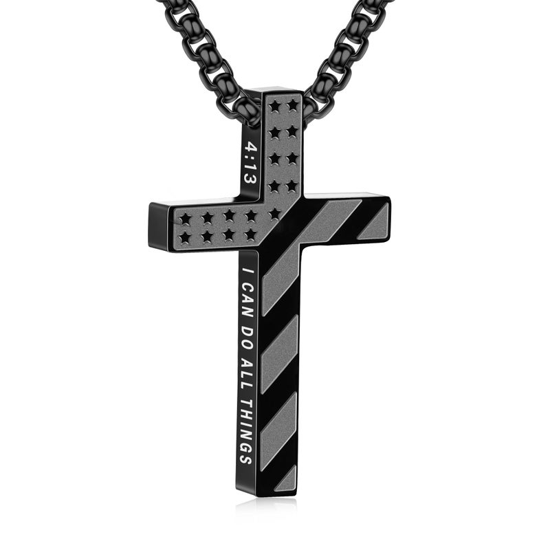 Lydow Cross Necklace for Men Boys Black American Flag Bible Verse Pendant Chain Christian Gifts Valentines Jewelry Teen Teenge Kids Easter Basket Stuffers Religious Baptism Catholic Presents 4:13 - Image 1