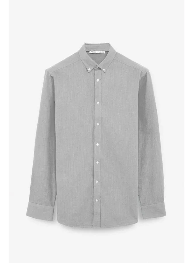 Grimelange Perttu Men's 100% Cotton Slim Fit Narrow Cut Button-Collar Linen-Style Flannel Grey Shirt.
