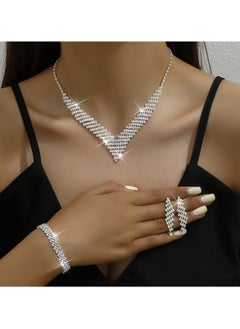 3Pcs Jewelry Set With Necklace Bracelet and Earrings, Full Rhinestone V Neck Necklace and Crystal Earrings, Party Wedding dress Accessories, Bridal Bridesmaid Costume,Jewelry Set for Women and Girls