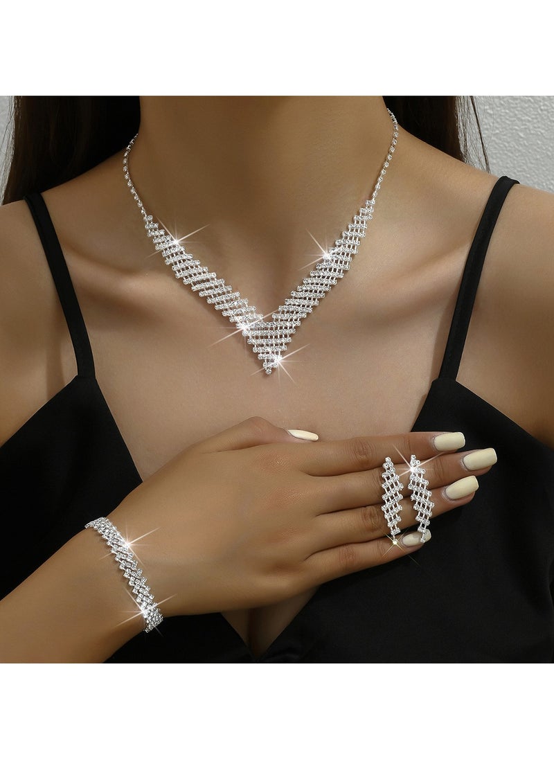 Miluraining - 3Pcs Jewelry Set With Necklace Bracelet and Earrings, Full Rhinestone V Neck Necklace and Crystal Earrings, Party Wedding dress Accessories, Bridal Bridesmaid Costume,Jewelry Set for Women and Girls - Image 1