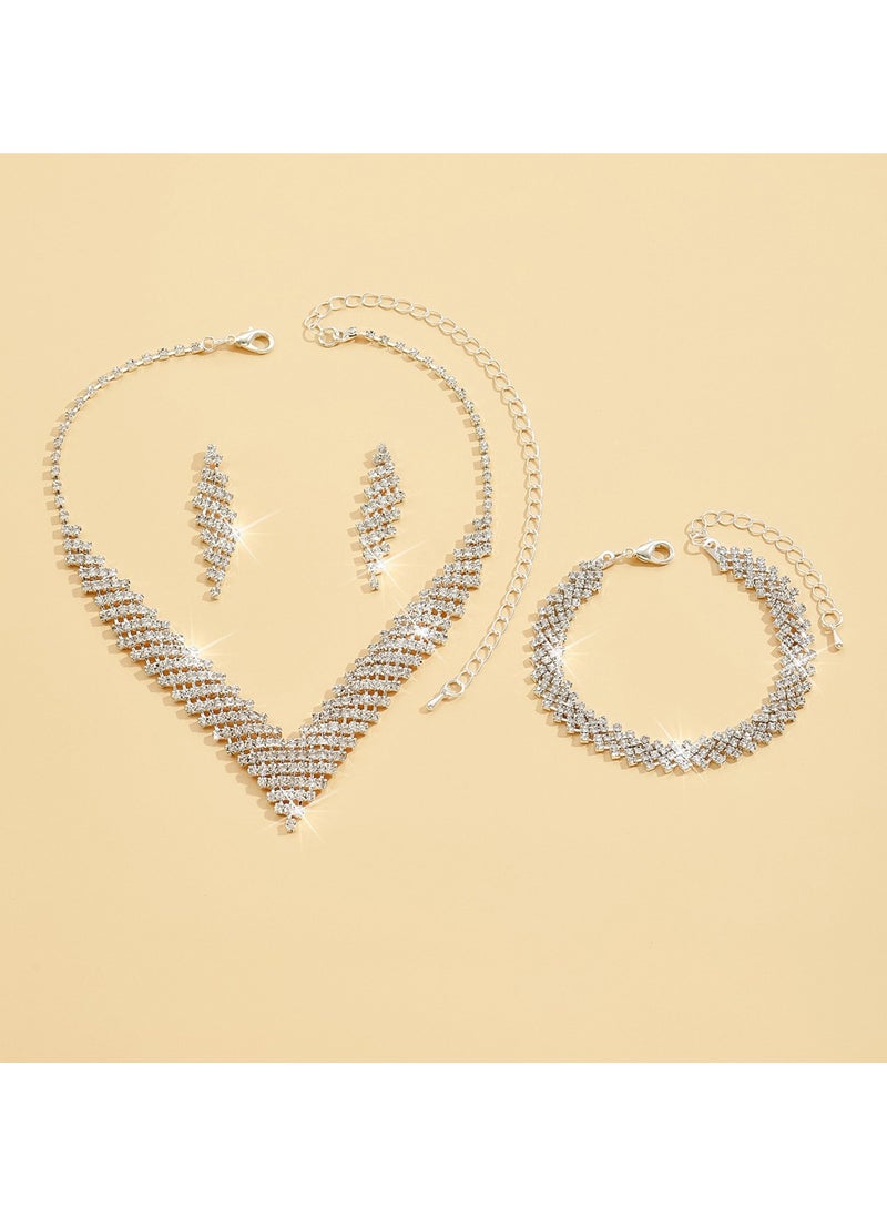 Miluraining - 3Pcs Jewelry Set With Necklace Bracelet and Earrings, Full Rhinestone V Neck Necklace and Crystal Earrings, Party Wedding dress Accessories, Bridal Bridesmaid Costume,Jewelry Set for Women and Girls - Image 1