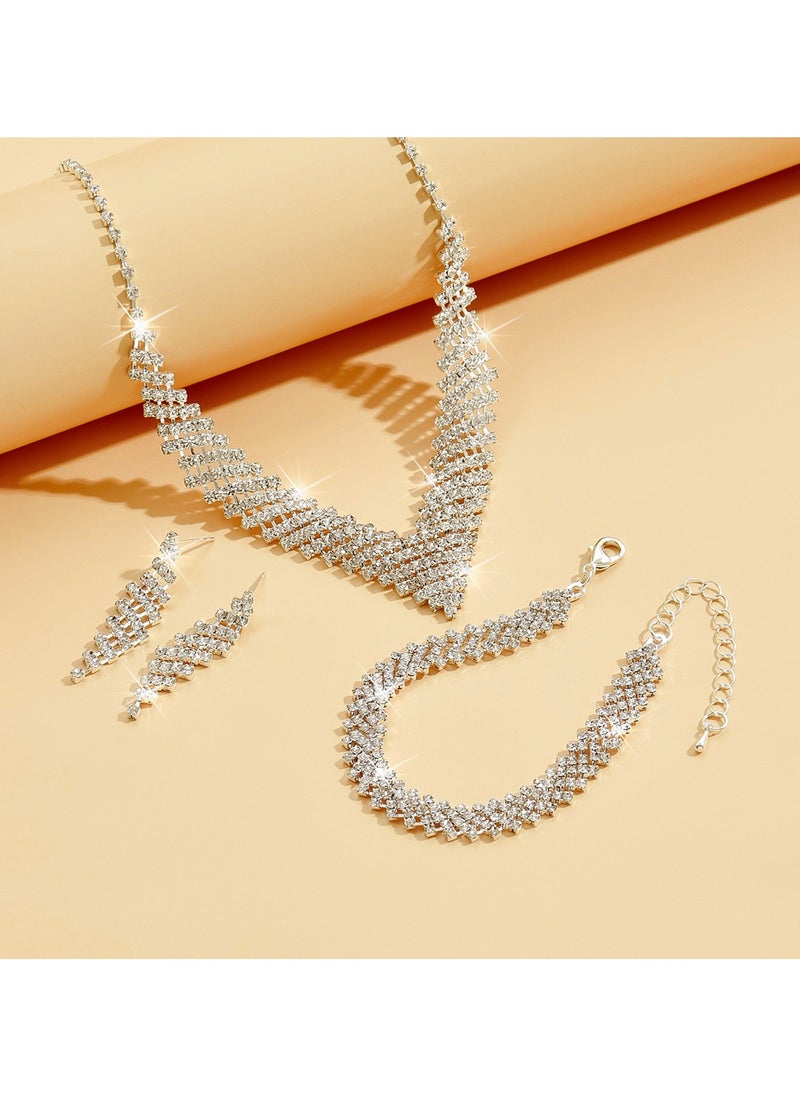 Miluraining - 3Pcs Jewelry Set With Necklace Bracelet and Earrings, Full Rhinestone V Neck Necklace and Crystal Earrings, Party Wedding dress Accessories, Bridal Bridesmaid Costume,Jewelry Set for Women and Girls - Image 1