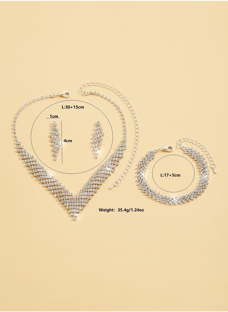 Miluraining - 3Pcs Jewelry Set With Necklace Bracelet and Earrings, Full Rhinestone V Neck Necklace and Crystal Earrings, Party Wedding dress Accessories, Bridal Bridesmaid Costume,Jewelry Set for Women and Girls - Image 1