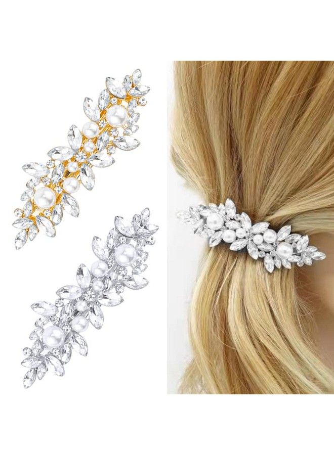 Whavel 2Pcs Pearl Barrettes For Women Rhinestone Hair Clips Pearl Hair Barrettes French Barrette Hair Clips Bridal Hair Pins Decorative Hair Accessories Bridesmaid - Image 2