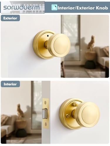 SORWDUERM 1 Pack Gold Door Knob Privacy Door Knobs Satin Brass Door Handle Interior Brushed Gold Door Knobs with Lock for Bedroom and Bathroom Zinc Alloy - Image 5