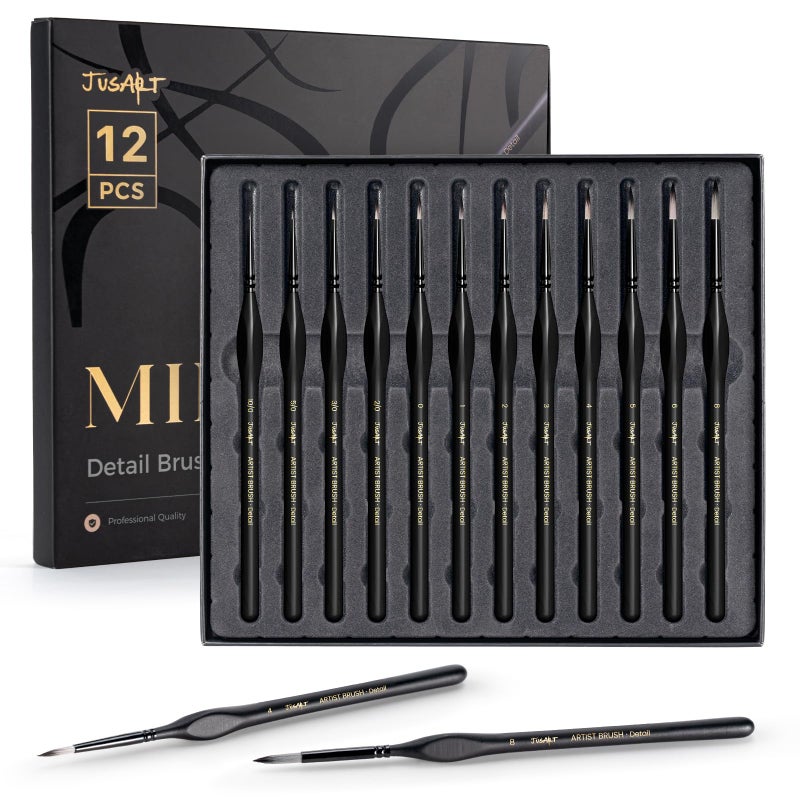 JUSART Detail Paint Brushes Set, 12 PCS Fine Tip Model Miniature Paint Brushes for Fine Detailing - Acrylic, Watercolor, Oil, Models, Rock Painting & Paint by Number - Triangular Handles (Black) - Image 1
