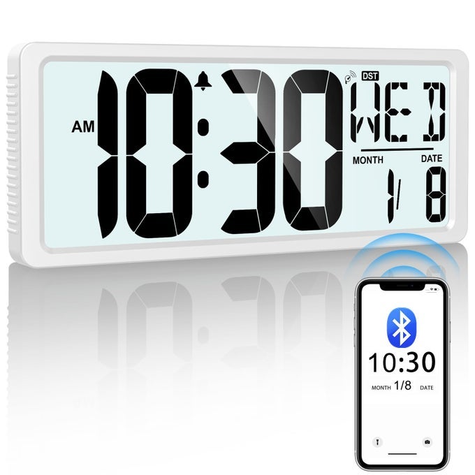 BLUETOOTH TIME SYNC DIGITAL WALL CLOCK BATTERY OPERATED WITH BACKLIGHT AUTO DST LARGE DIGITAL WALL CLOCK WITH DAY DATE TEMPERATURE 15 LARGE DIGITAL CLOCK FOR HOME BEDROOM OFFICE