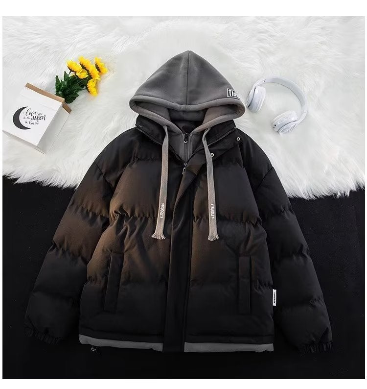 Winter new cotton-padded jacket thickened hooded fake two-piece bread coat mens and womens Hong Kong style loose couple coat student Green - Image 2