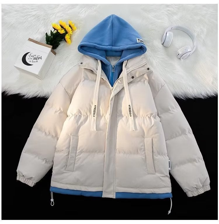 Winter new cotton-padded jacket thickened hooded fake two-piece bread coat mens and womens Hong Kong style loose couple coat student Green - Image 3