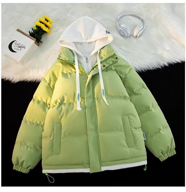 Winter new cotton-padded jacket thickened hooded fake two-piece bread coat mens and womens Hong Kong style loose couple coat student Green - Image 1