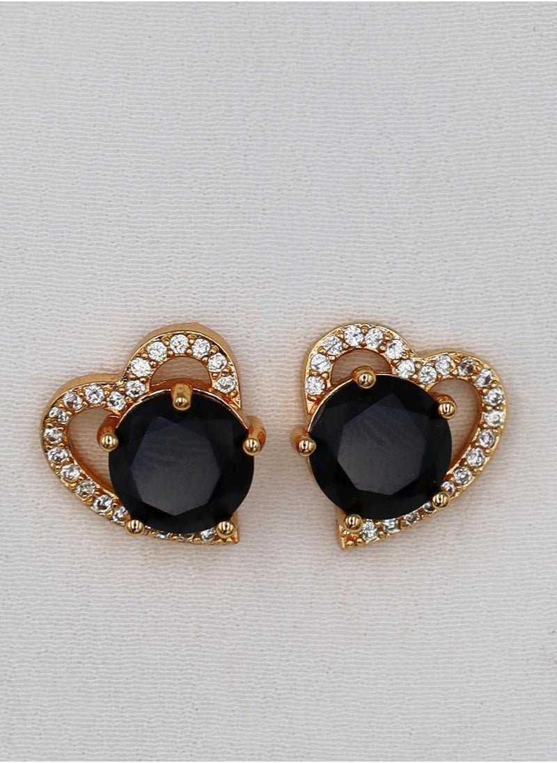 mjuhurat Elegant Heart-Shaped Black Stone Stud Earrings with Crystal Accents  - Image 2