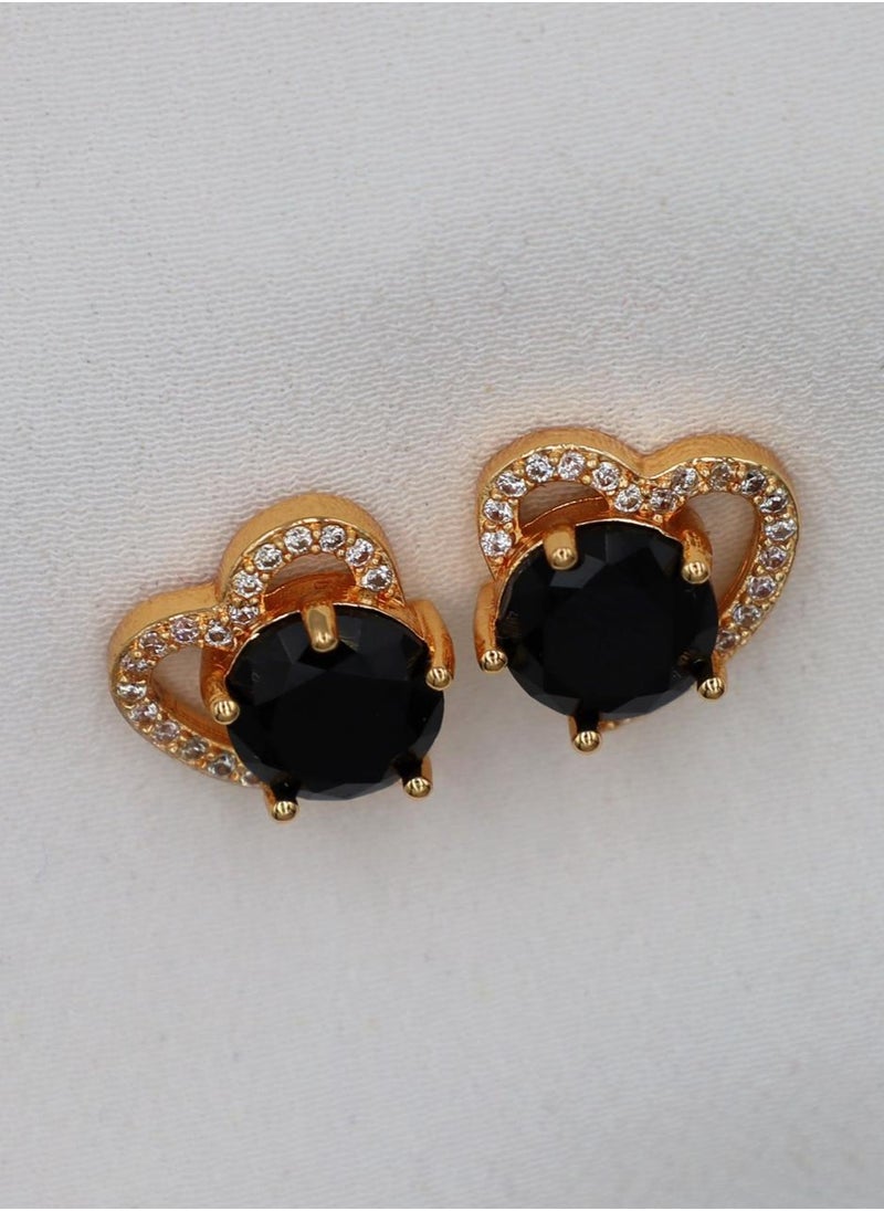 mjuhurat Elegant Heart-Shaped Black Stone Stud Earrings with Crystal Accents  - Image 1