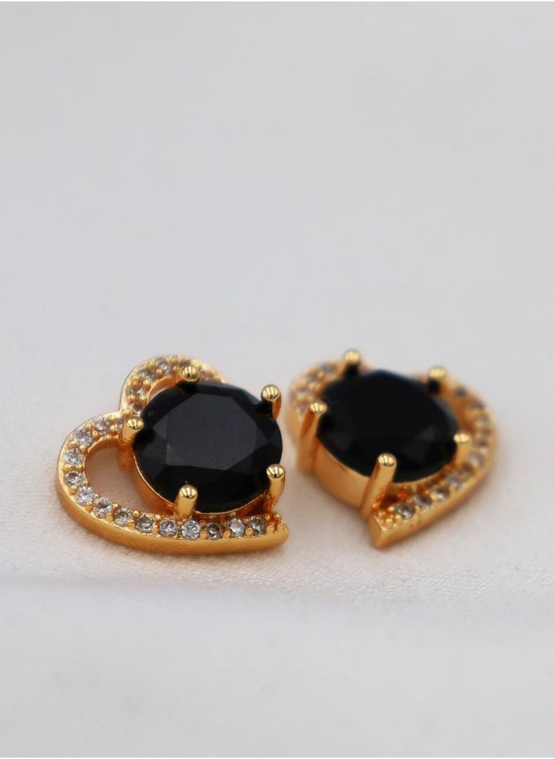 mjuhurat Elegant Heart-Shaped Black Stone Stud Earrings with Crystal Accents  - Image 3