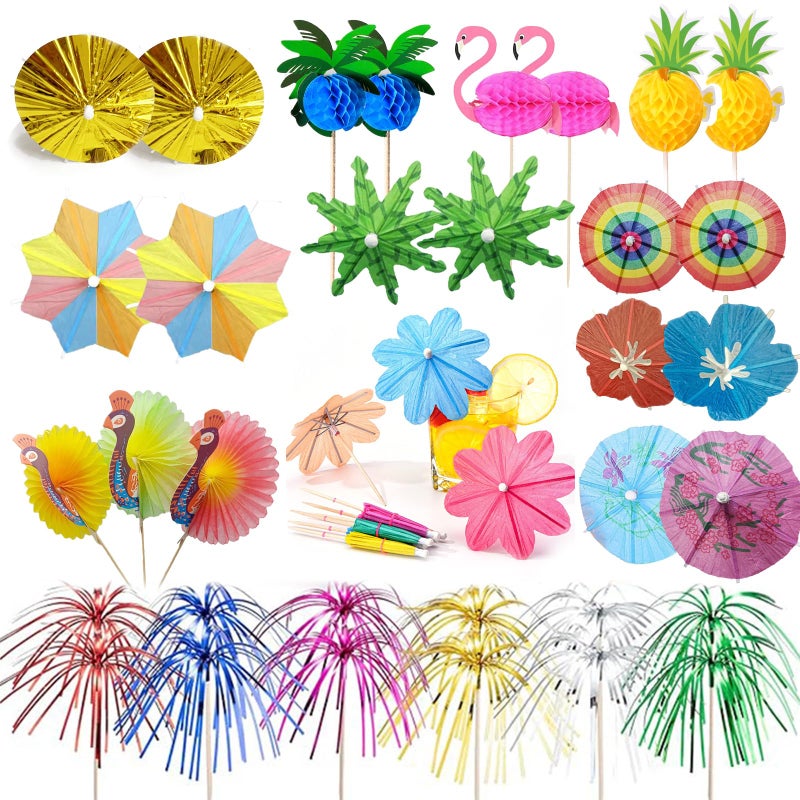 STEZHOU [12 Styles]Drink Umbrellas Cocktail Picks Coconut Palm Cocktail Umbrellas Firework Drink Stirrers Tropical Cocktail Sticks for Drinks Fruit Hawaiian Party Decorations Cocktail Accessories.36 PCS - Image 1