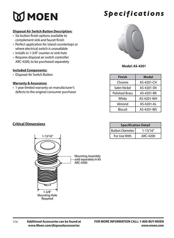 موين AS-4201-BLS مفتاح هواء مطحنة النفايات، زر زخرفي منسق، زر زخرفي فقط، يتطلب غطاء، أسود من الفولاذ المقاوم للصدأ - Image 2