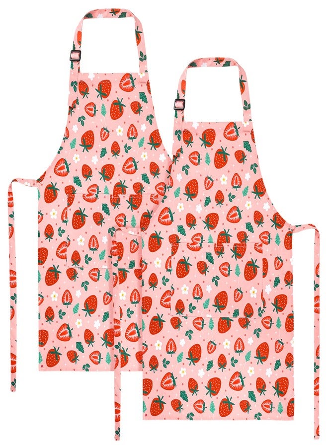 XLSXEXCL 2 Pack Strawberries Kids Aprons, Adjustable Kids Cooking Painting Aprons with 2 Pockets, Toddler Artist Smocks for Girls and Boys for Cooking, Baking, Painting - Image 1