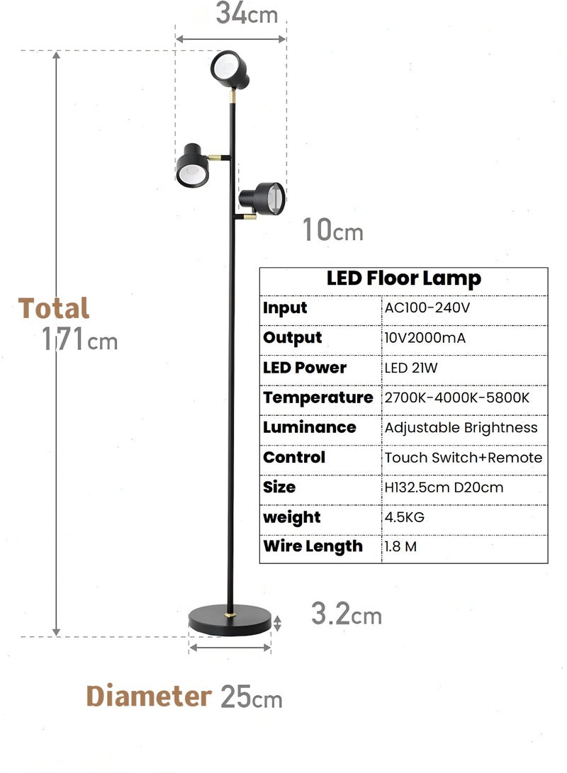 21W LED Floor Lamp, Modern Dimmable Standing Lamp with Remote & Touch Control,3 Color Temperatures, Rotatable LED Light Floor Lamps for Living Room, Bedroom, Office-Black - Image 5