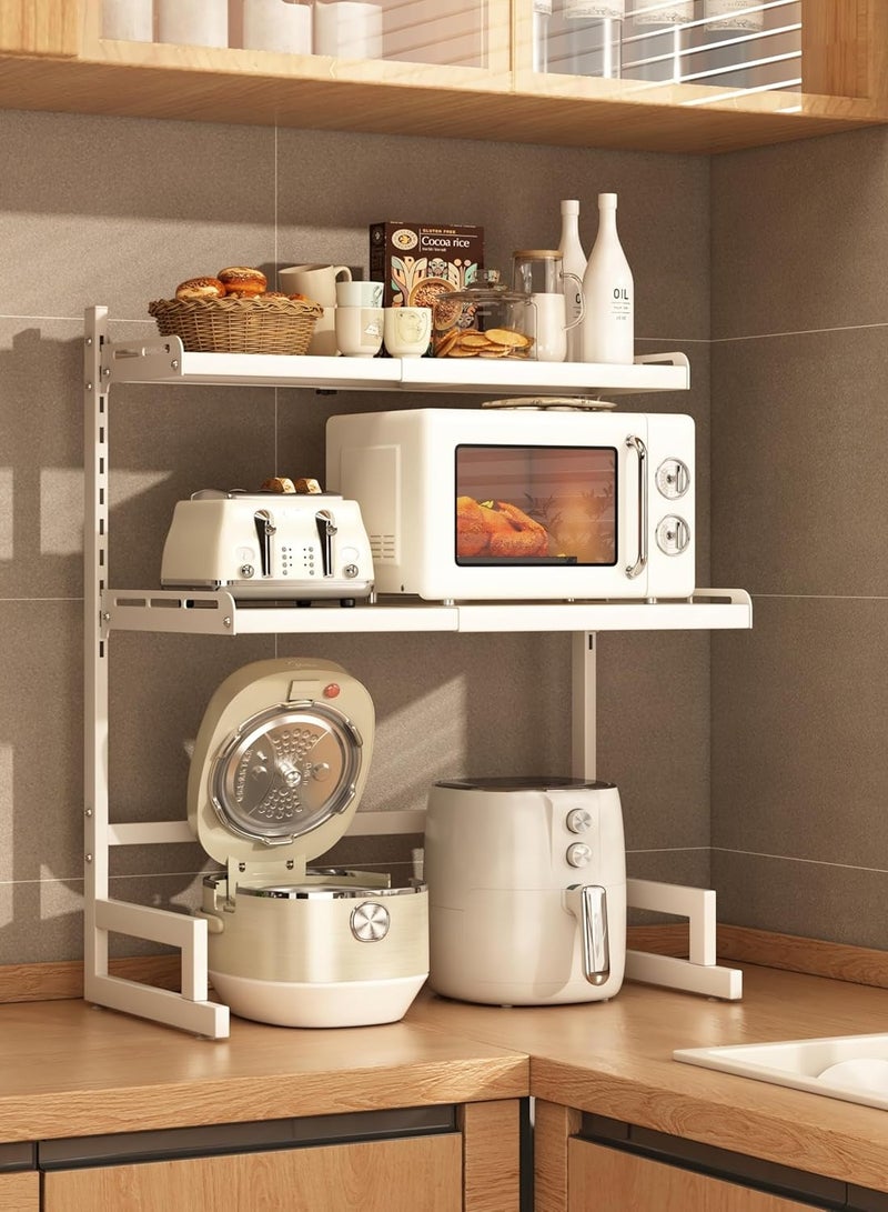 Jorunb Expandable And Height Adjustable Metal Microwave Oven Rack, Microwave Stand, Pots Pans Organizer with 6 Hooks, Chopping Board Holder, Knife Holder, Chopstick Holder Adjustable Expandable for Kitchen Storage (White, 3 Tier)  - Image 2