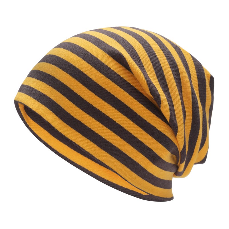 ZLYC Cotton Thin Slouchy Beanie Hat for Men Women Fashion Soft Stretch Knit Skull Cap (Striped Brown and Yellow) - Image 1