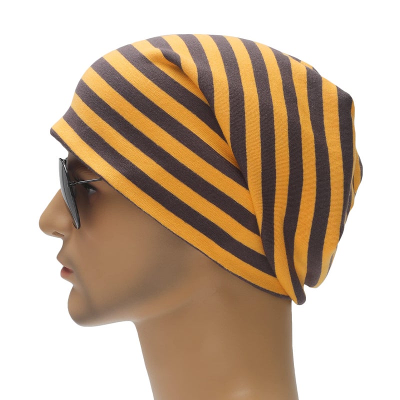ZLYC Cotton Thin Slouchy Beanie Hat for Men Women Fashion Soft Stretch Knit Skull Cap (Striped Brown and Yellow) - Image 3