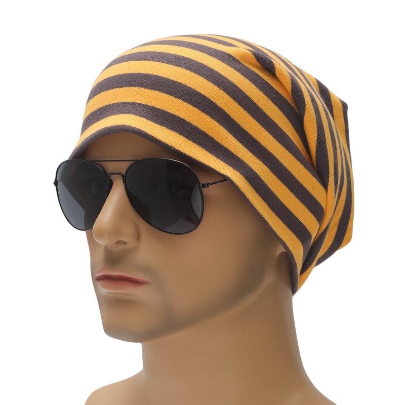 ZLYC Cotton Thin Slouchy Beanie Hat for Men Women Fashion Soft Stretch Knit Skull Cap (Striped Brown and Yellow) - Image 2